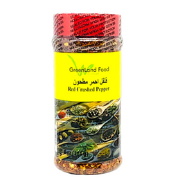 Red Crushed Pepper فلفل احمر مطحون Red Crushed Pepper permeates its dishes with spiciness and includes a blend of crushed peppers. This spice has a major health benefit which aids in lowering blood sugar after a meal and has antioxidants including vitamin C and carotenoids. Red Crushed Peppers is a great way to top off any dish with spiciness  4.5 oz Jar